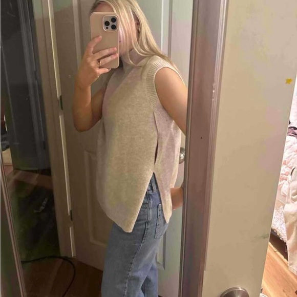 Beige High Neck Knit Vest Sleeveless Sweater Top Side Slits - Picture 14 of 14
